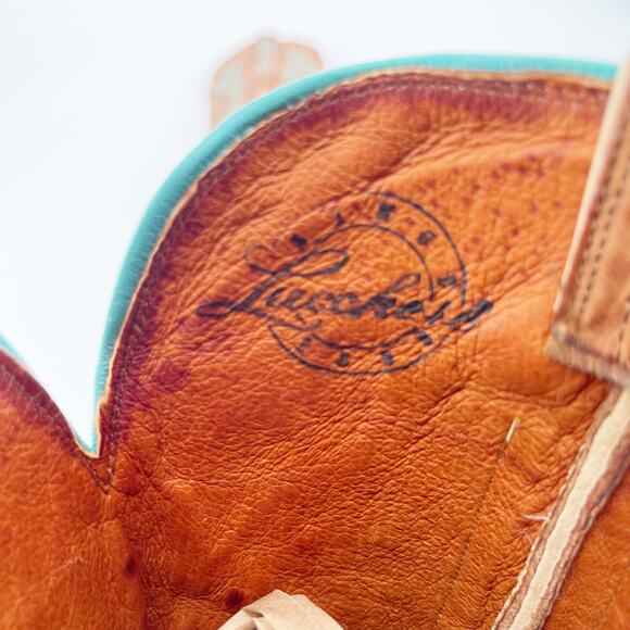 Lucchese Women’s 11 Cognac Leather Teal Stitch Studded Pointed Toe Cowgirl Boots - Picture 11 of 12